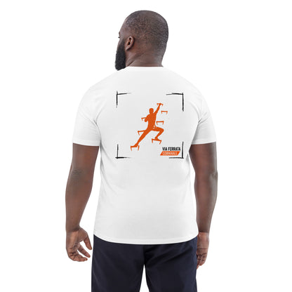 Climb. Clip. Conquer! Unisex Via Ferrata T-Shirt (Organic Cotton in White)