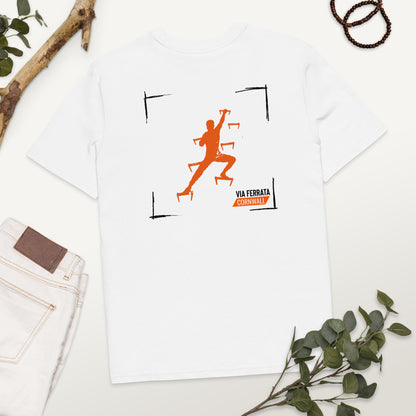 Climb. Clip. Conquer! Unisex Via Ferrata T-Shirt (Organic Cotton in White)