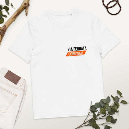Climb. Clip. Conquer! Unisex Via Ferrata T-Shirt (Organic Cotton in White)