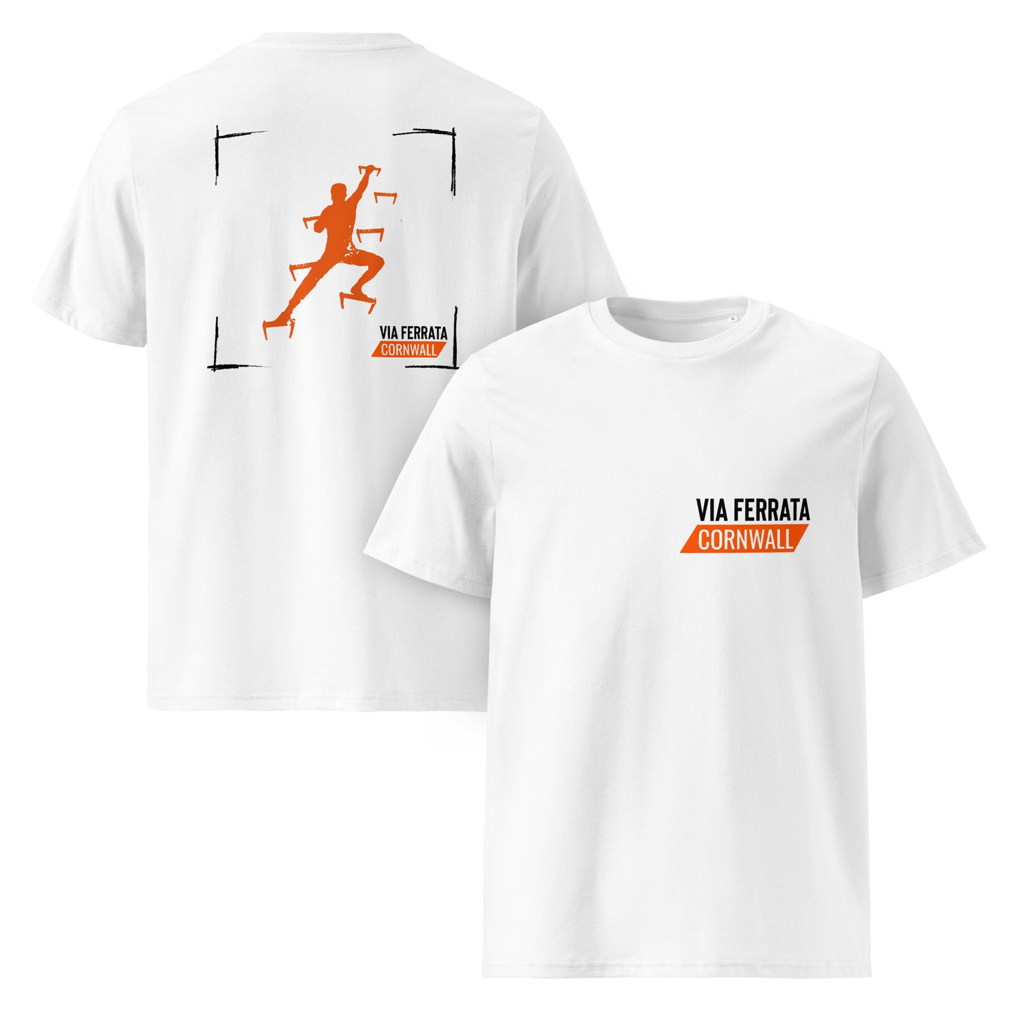 Climb. Clip. Conquer! Unisex Via Ferrata T-Shirt (Organic Cotton in White)