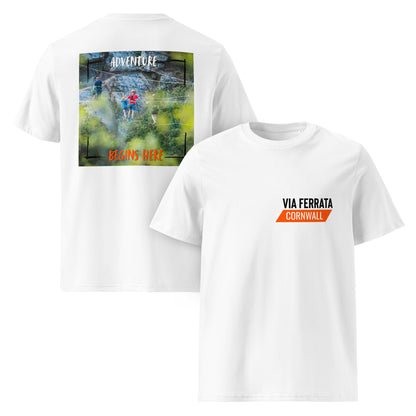 Adventure Begins Here – Via Ferrata Climbing Print (White, Organic Cotton)