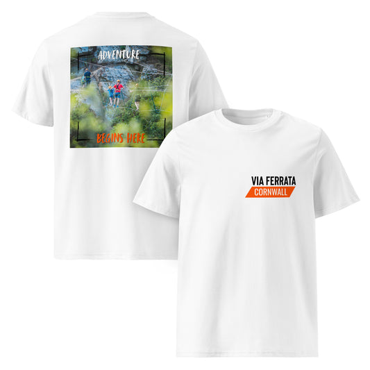 Adventure Begins Here – Via Ferrata Climbing Print (White, Organic Cotton)